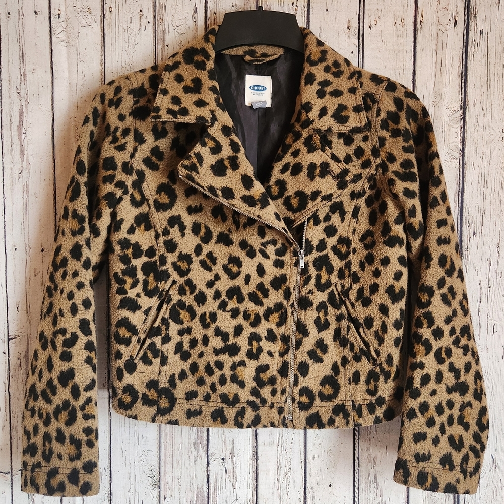 Old Navy Leopard Print Moto Jacket Size XL (14) Wool Blend
